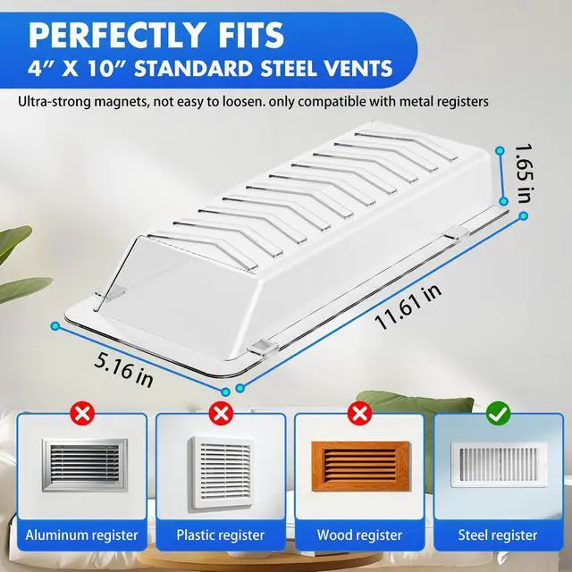 Alt view image 2 of 7 - Super Magnetic Vent Deflector, Sideways Air & Heat Deflectors 2 Pack | One-Piece Snap-Lock Vent Redirector for Wall, Floor & Ceiling Vents, Fits 4"x10" Duct Openings, Adjustable Airflow Control