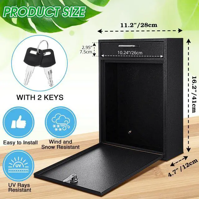 Alt view image 2 of 7 - Large Locking Mailbox with Key for Outdoor 16.2 x 11.2 x 4.7 Inches Large Wall Mount Mail Box with Lock Security Mail Drop Metal Collection Boxes Hanging Secure Postbox(Black)
