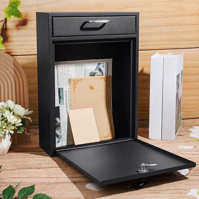 Alt view image 4 of 7 - Large Locking Mailbox with Key for Outdoor 16.2 x 11.2 x 4.7 Inches Large Wall Mount Mail Box with Lock Security Mail Drop Metal Collection Boxes Hanging Secure Postbox(Black)