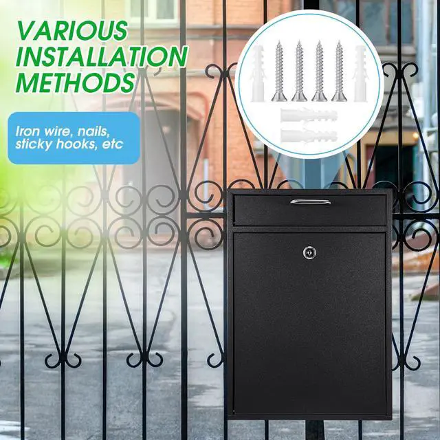 Alt view image 5 of 7 - Large Locking Mailbox with Key for Outdoor 16.2 x 11.2 x 4.7 Inches Large Wall Mount Mail Box with Lock Security Mail Drop Metal Collection Boxes Hanging Secure Postbox(Black)