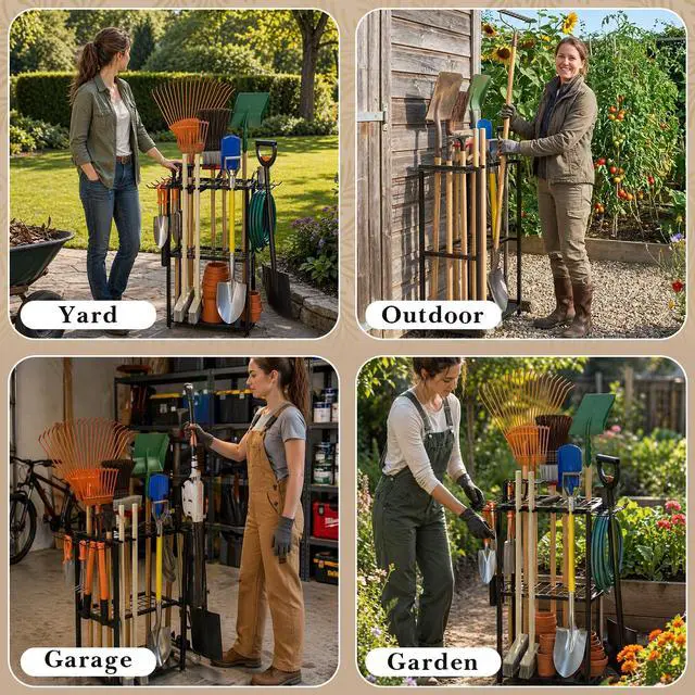 Alt view image 2 of 7 - Garden Tool Organizer, 3-Tier Metal Yard Tool Rack with 14 Hooks & 5 Slots, Holds 50+ Rakes/Shovels/Brooms, Heavy Duty Freestanding Lawn Tool Storage for Garage Shed Outdoor Organization