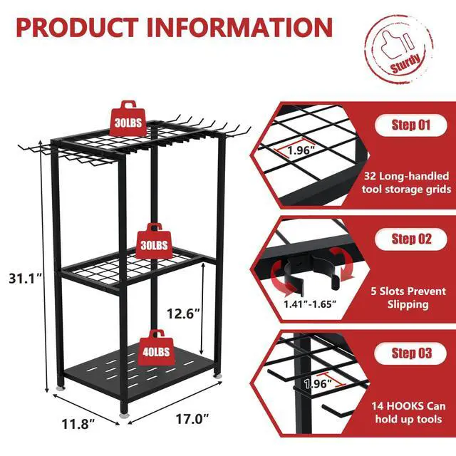 Alt view image 3 of 7 - Garden Tool Organizer, 3-Tier Metal Yard Tool Rack with 14 Hooks & 5 Slots, Holds 50+ Rakes/Shovels/Brooms, Heavy Duty Freestanding Lawn Tool Storage for Garage Shed Outdoor Organization