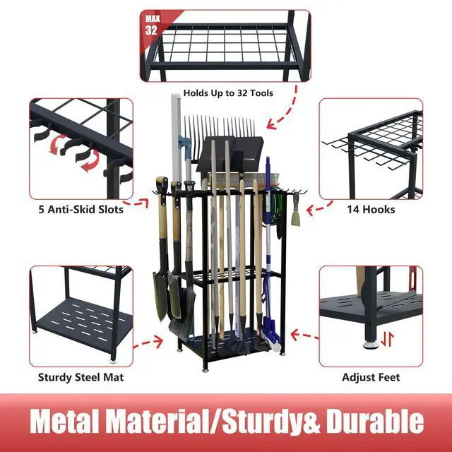 Alt view image 4 of 7 - Garden Tool Organizer, 3-Tier Metal Yard Tool Rack with 14 Hooks & 5 Slots, Holds 50+ Rakes/Shovels/Brooms, Heavy Duty Freestanding Lawn Tool Storage for Garage Shed Outdoor Organization