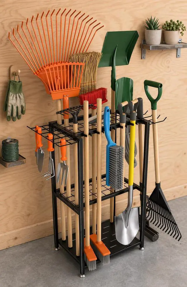 Alt view image 6 of 7 - Garden Tool Organizer, 3-Tier Metal Yard Tool Rack with 14 Hooks & 5 Slots, Holds 50+ Rakes/Shovels/Brooms, Heavy Duty Freestanding Lawn Tool Storage for Garage Shed Outdoor Organization