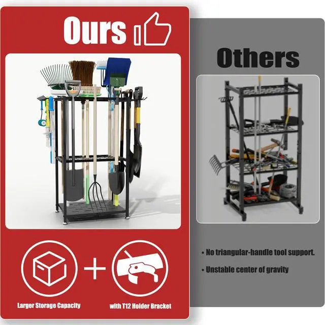 Alt view image 5 of 7 - Garden Tool Organizer, 3-Tier Metal Yard Tool Rack with 14 Hooks & 5 Slots, Holds 50+ Rakes/Shovels/Brooms, Heavy Duty Freestanding Lawn Tool Storage for Garage Shed Outdoor Organization