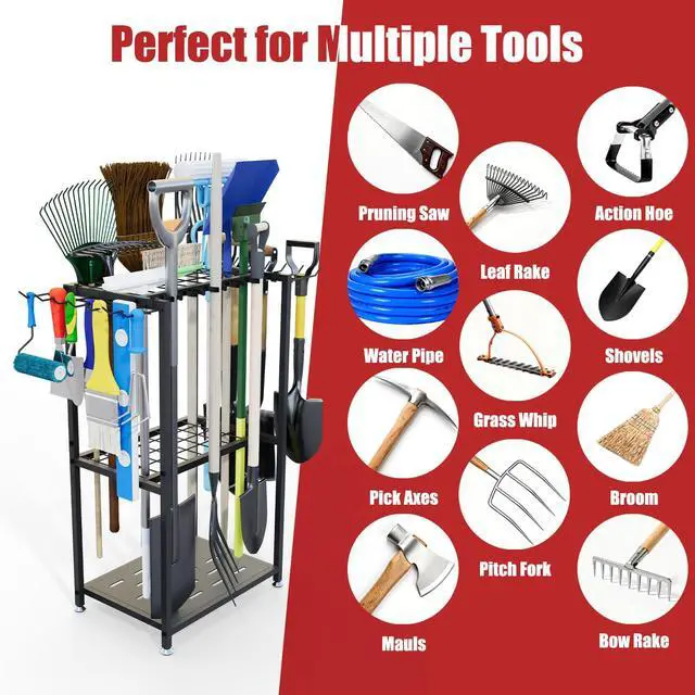 Alt view image 7 of 7 - Garden Tool Organizer, 3-Tier Metal Yard Tool Rack with 14 Hooks & 5 Slots, Holds 50+ Rakes/Shovels/Brooms, Heavy Duty Freestanding Lawn Tool Storage for Garage Shed Outdoor Organization