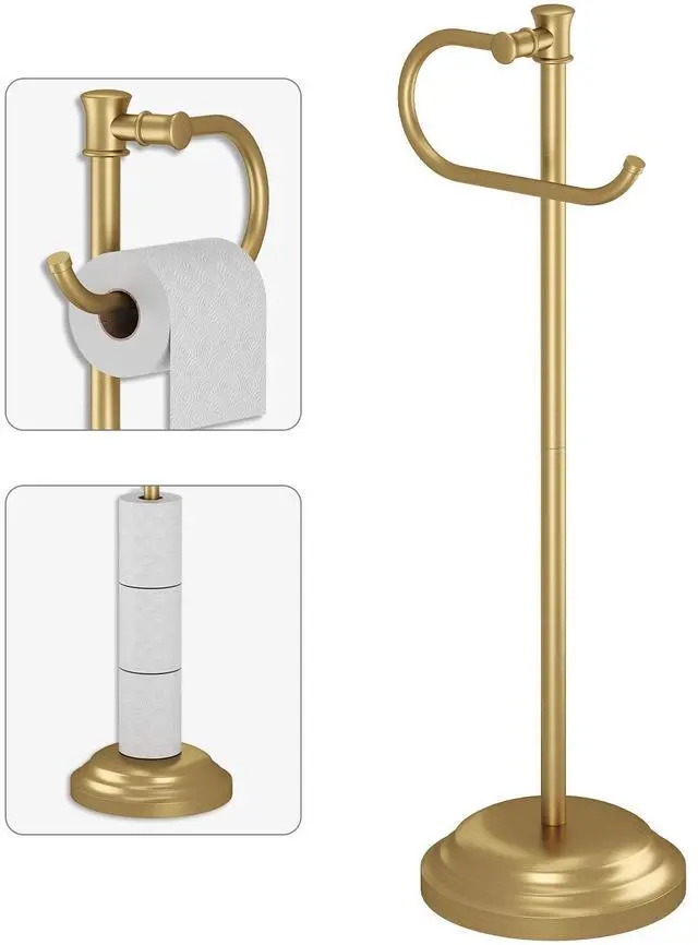 Main image of Toilet Paper Holder Floor Stand, Bathroom Freestanding Gold | Toilet Tissue Roll Holder, Free Standing Rack with Storage, Weighted Base Accessories, SUS304 Stainless Steel Rustproof