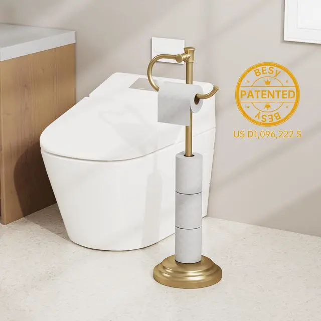 Alt view image 2 of 7 - Toilet Paper Holder Floor Stand, Bathroom Freestanding Gold | Toilet Tissue Roll Holder, Free Standing Rack with Storage, Weighted Base Accessories, SUS304 Stainless Steel Rustproof