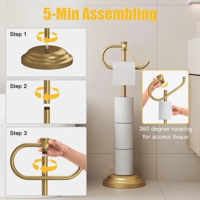 Alt view image 3 of 7 - Toilet Paper Holder Floor Stand, Bathroom Freestanding Gold | Toilet Tissue Roll Holder, Free Standing Rack with Storage, Weighted Base Accessories, SUS304 Stainless Steel Rustproof