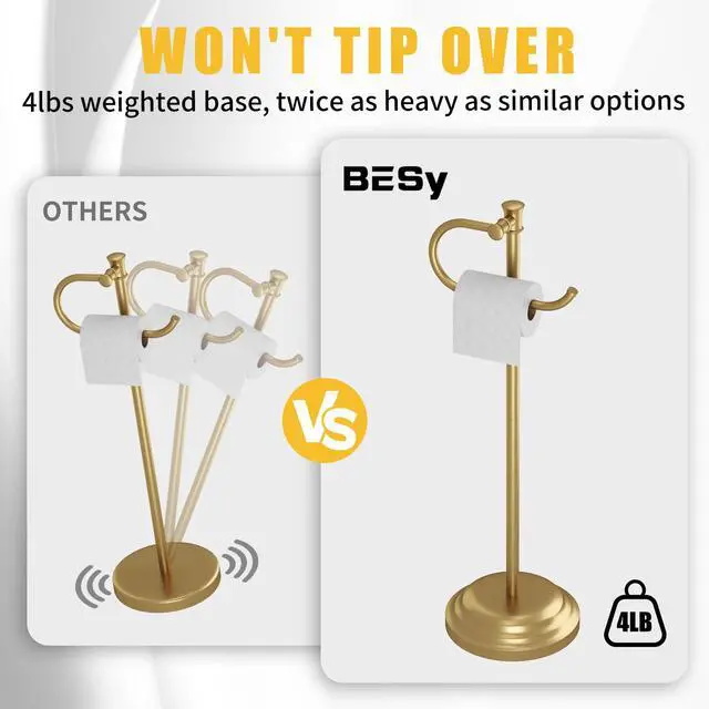 Alt view image 5 of 7 - Toilet Paper Holder Floor Stand, Bathroom Freestanding Gold | Toilet Tissue Roll Holder, Free Standing Rack with Storage, Weighted Base Accessories, SUS304 Stainless Steel Rustproof