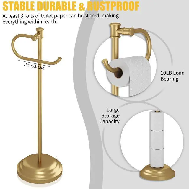 Alt view image 4 of 7 - Toilet Paper Holder Floor Stand, Bathroom Freestanding Gold | Toilet Tissue Roll Holder, Free Standing Rack with Storage, Weighted Base Accessories, SUS304 Stainless Steel Rustproof