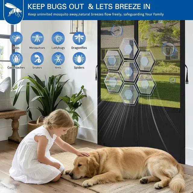 Alt view image 3 of 7 - Magnetic Screen Door Fits 36x80 Inch Front Door Heavy Duty Fiberglass Mesh, 36 Magnets Auto Close, Tool-Free Installation, Keeps Bugs Out,Pet & Kid Friendly with Storage Bag,Black