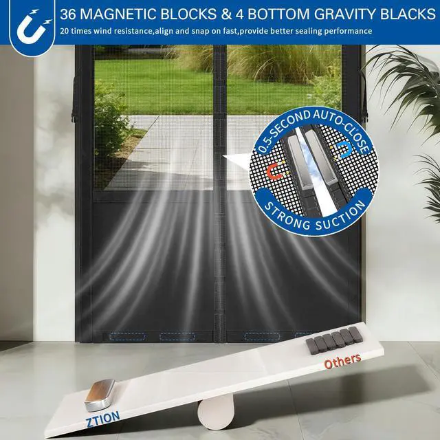 Alt view image 5 of 7 - Magnetic Screen Door Fits 36x80 Inch Front Door Heavy Duty Fiberglass Mesh, 36 Magnets Auto Close, Tool-Free Installation, Keeps Bugs Out,Pet & Kid Friendly with Storage Bag,Black
