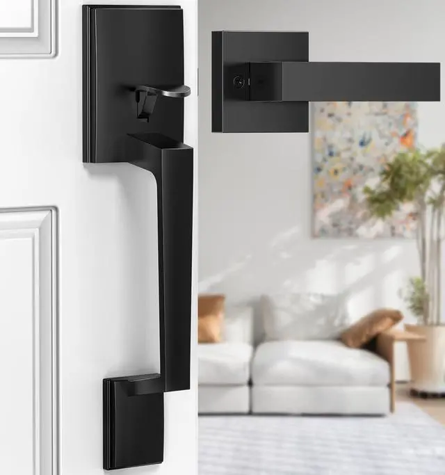 Main image of Black Front Door Handle No Lock for Modern Entry Door | Zinc Alloy, Reversible Exterior Door Handle for Left & Right Hand Door, Lower Half Grip, 35MM-45MM Door Thickness