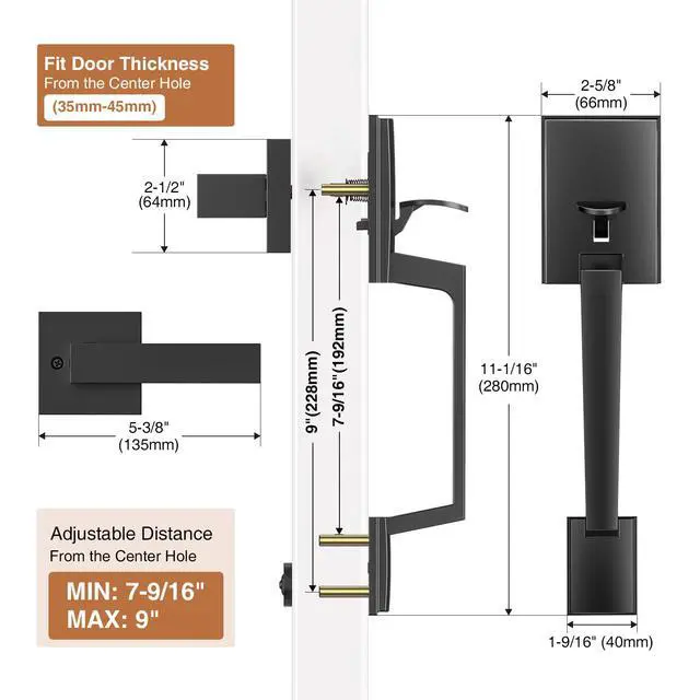 Alt view image 3 of 7 - Black Front Door Handle No Lock for Modern Entry Door | Zinc Alloy, Reversible Exterior Door Handle for Left & Right Hand Door, Lower Half Grip, 35MM-45MM Door Thickness