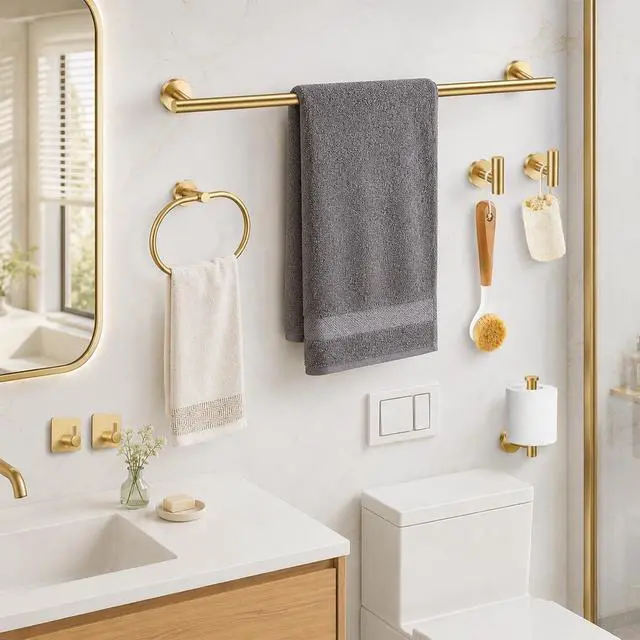 Alt view image 2 of 7 - Brushed Gold Bathroom Accessories Set, 7 Pieces Gold Towel Bar Bathroom Hardware Set, 31.5 Inch Towel Racks for Bathroom, SUS304 Stainless Steel Bathroom Towel Holder Toilet Paper Holder Wall Mounted