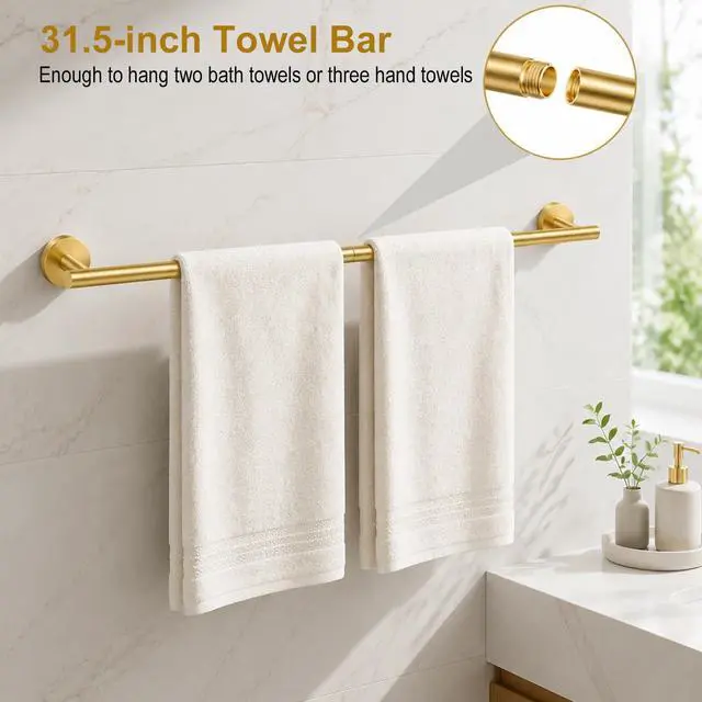 Alt view image 3 of 7 - Brushed Gold Bathroom Accessories Set, 7 Pieces Gold Towel Bar Bathroom Hardware Set, 31.5 Inch Towel Racks for Bathroom, SUS304 Stainless Steel Bathroom Towel Holder Toilet Paper Holder Wall Mounted