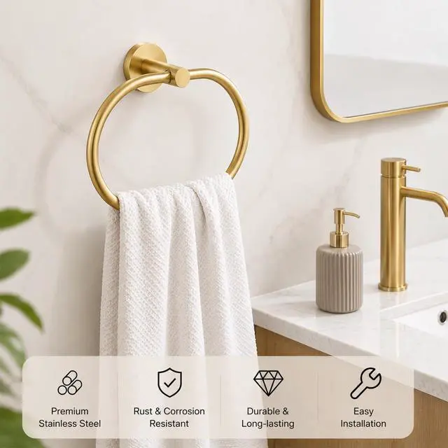 Alt view image 5 of 7 - Brushed Gold Bathroom Accessories Set, 7 Pieces Gold Towel Bar Bathroom Hardware Set, 31.5 Inch Towel Racks for Bathroom, SUS304 Stainless Steel Bathroom Towel Holder Toilet Paper Holder Wall Mounted