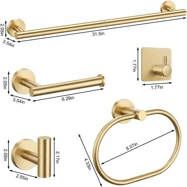 Alt view image 7 of 7 - Brushed Gold Bathroom Accessories Set, 7 Pieces Gold Towel Bar Bathroom Hardware Set, 31.5 Inch Towel Racks for Bathroom, SUS304 Stainless Steel Bathroom Towel Holder Toilet Paper Holder Wall Mounted