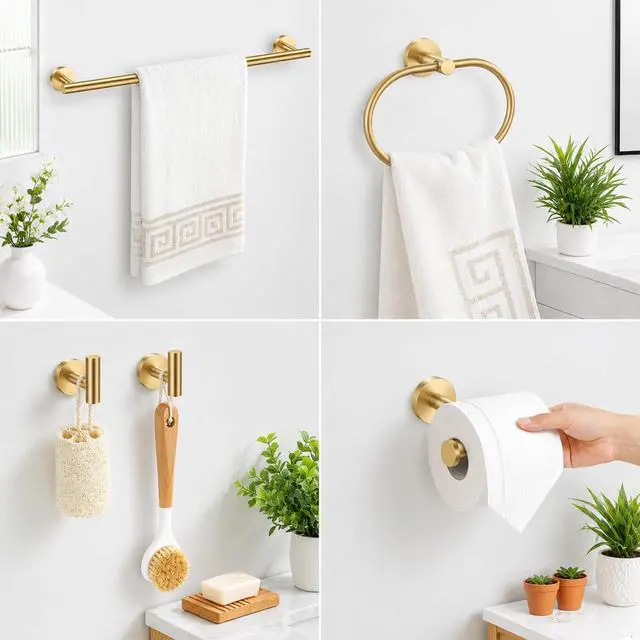 Alt view image 6 of 7 - Brushed Gold Bathroom Accessories Set, 7 Pieces Gold Towel Bar Bathroom Hardware Set, 31.5 Inch Towel Racks for Bathroom, SUS304 Stainless Steel Bathroom Towel Holder Toilet Paper Holder Wall Mounted