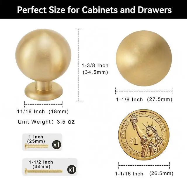 Alt view image 4 of 7 - 10-Pack Solid Brass Cabinet Knobs, Gold Drawer Dresser Knobs, 1.1