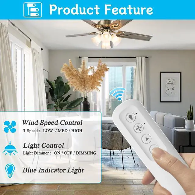 Alt view image 2 of 7 - Ceiling Fan Remote Control Kit with Receiver, Replacement for Hunter 99770 | Compatible with Hunter 99770, 99772, 99392, 99813, 99122, Universal 3-Speeds Remote Control Kit, Fans Control with Dimmer