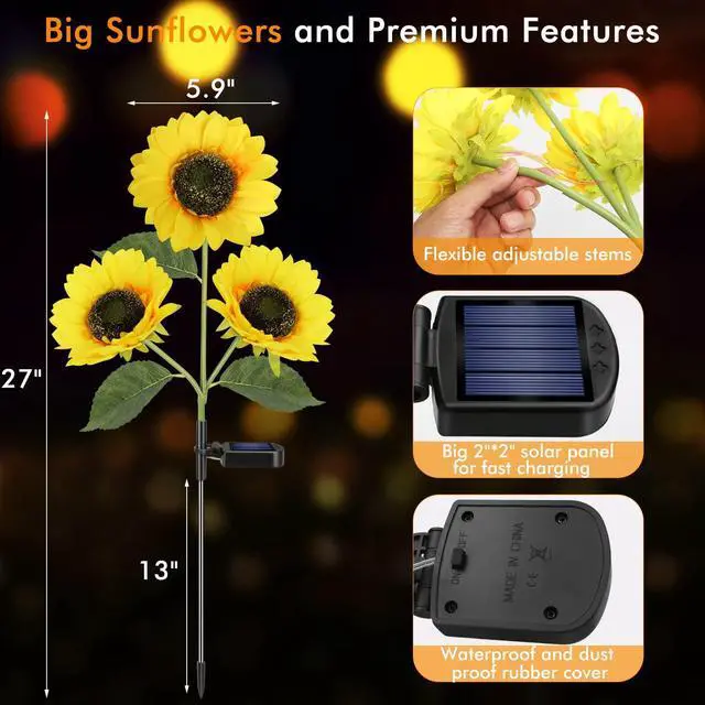 Alt view image 6 of 7 - Solar Sunflower Lights Flowers Outdoor Waterproof for Yard Garden Cemetery | 800mA Real Looking Stake Flower Bed Pathway Patio Porch Fall Decors