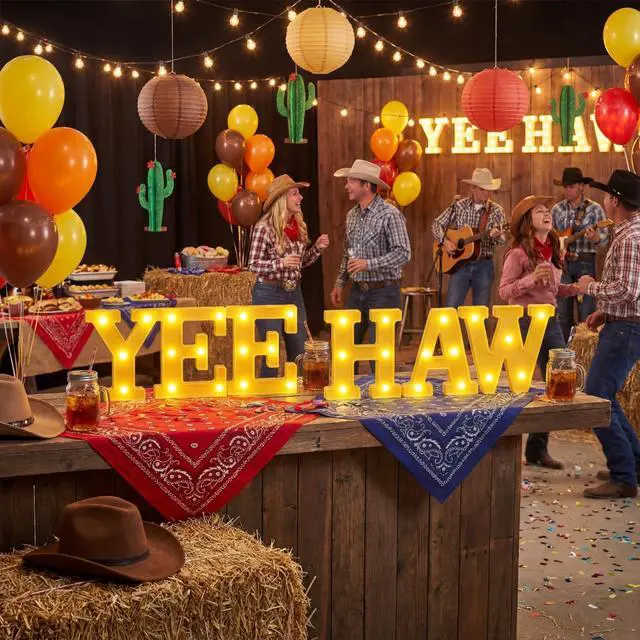Alt view image 4 of 7 - 6 Pcs Western Party Decorations Yee Haw LED Light up Sign West Neon Birthday Table Decorations for Cowboy Cowgirl Western Themed Birthday Baby Shower Party Decor