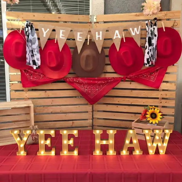 Alt view image 5 of 7 - 6 Pcs Western Party Decorations Yee Haw LED Light up Sign West Neon Birthday Table Decorations for Cowboy Cowgirl Western Themed Birthday Baby Shower Party Decor