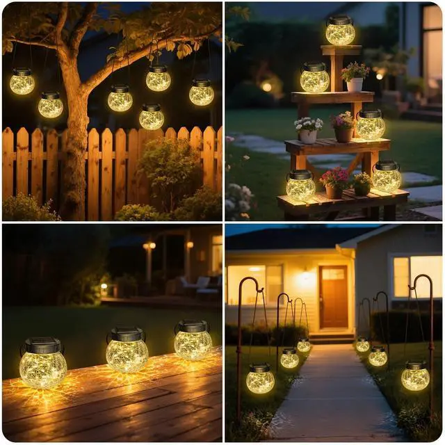 Alt view image 2 of 6 - Solar Lanterns Outdoor Waterproof 6 Pack, Hanging Solar Lights with 30 LED, Cracked Glass Hanging Globes for Garden Patio Fence Yard Christmas Tree Decoration,Warm White