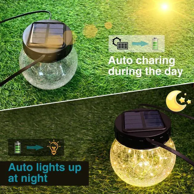 Alt view image 3 of 6 - Solar Lanterns Outdoor Waterproof 6 Pack, Hanging Solar Lights with 30 LED, Cracked Glass Hanging Globes for Garden Patio Fence Yard Christmas Tree Decoration,Warm White