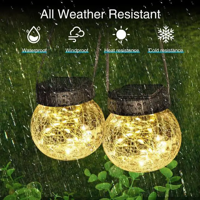 Alt view image 4 of 6 - Solar Lanterns Outdoor Waterproof 6 Pack, Hanging Solar Lights with 30 LED, Cracked Glass Hanging Globes for Garden Patio Fence Yard Christmas Tree Decoration,Warm White