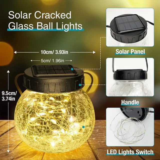 Alt view image 5 of 6 - Solar Lanterns Outdoor Waterproof 6 Pack, Hanging Solar Lights with 30 LED, Cracked Glass Hanging Globes for Garden Patio Fence Yard Christmas Tree Decoration,Warm White