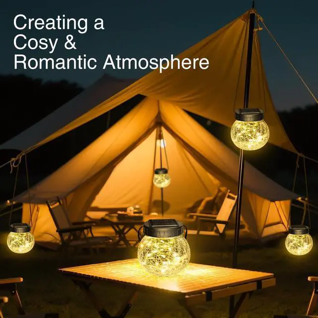 Alt view image 6 of 6 - Solar Lanterns Outdoor Waterproof 6 Pack, Hanging Solar Lights with 30 LED, Cracked Glass Hanging Globes for Garden Patio Fence Yard Christmas Tree Decoration,Warm White