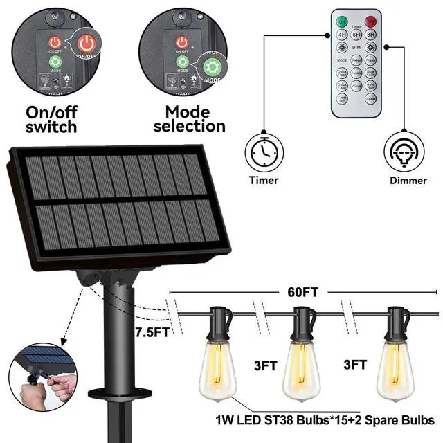 Alt view image 2 of 7 - 60FT Solar String Lights Weatherproof 15 LED for Patio Holiday | Weatherproof with Remote, Solar Powered LED Edison Bulb, 15 Sockets, For Patio Backyard Fence