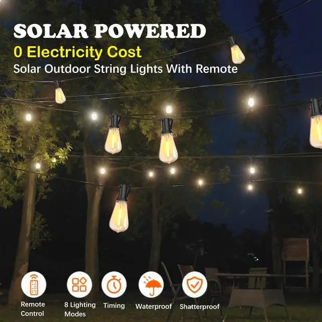 Alt view image 6 of 7 - 60FT Solar String Lights Weatherproof 15 LED for Patio Holiday | Weatherproof with Remote, Solar Powered LED Edison Bulb, 15 Sockets, For Patio Backyard Fence