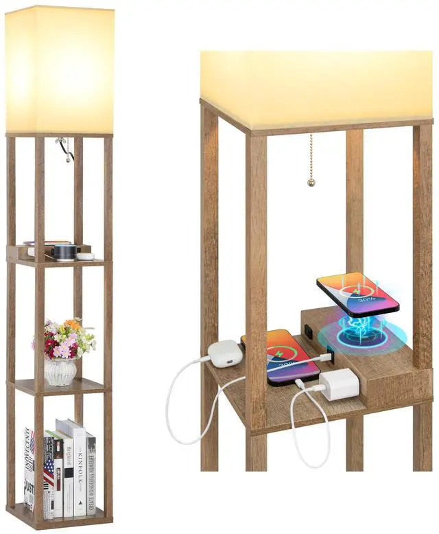 Main image of Shelf Floor Lamp with Wireless Charger, USB, Type C, AC Port, Wood | Fast Charging USB Ports & Type C Port & 2 Power Outlets, 3 Tier Storage Shelf Lamp, E26 Base, 60W Max(Bulb Not Included)