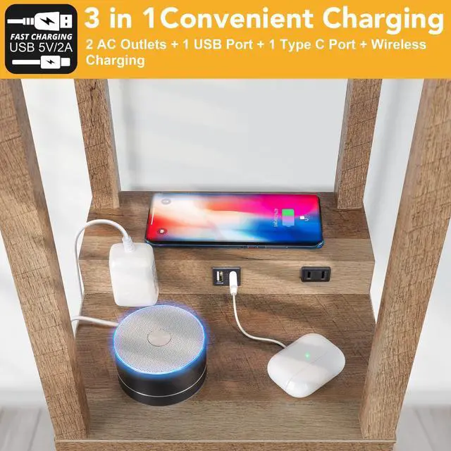 Alt view image 2 of 7 - Shelf Floor Lamp with Wireless Charger, USB, Type C, AC Port, Wood | Fast Charging USB Ports & Type C Port & 2 Power Outlets, 3 Tier Storage Shelf Lamp, E26 Base, 60W Max(Bulb Not Included)
