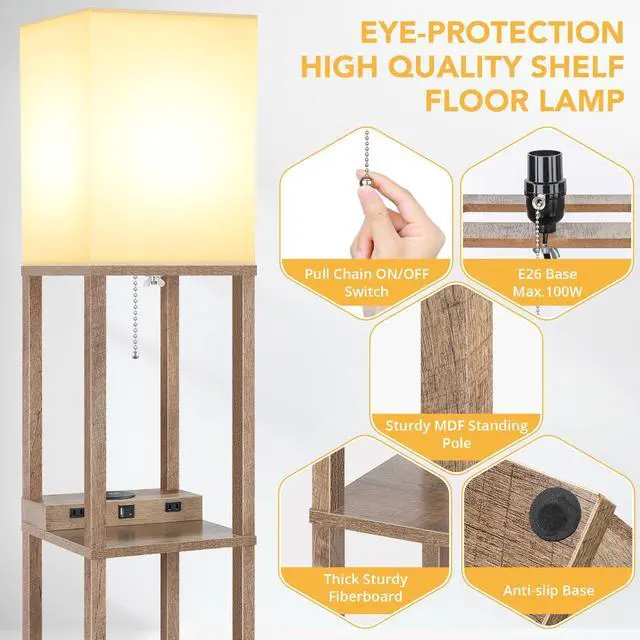 Alt view image 4 of 7 - Shelf Floor Lamp with Wireless Charger, USB, Type C, AC Port, Wood | Fast Charging USB Ports & Type C Port & 2 Power Outlets, 3 Tier Storage Shelf Lamp, E26 Base, 60W Max(Bulb Not Included)