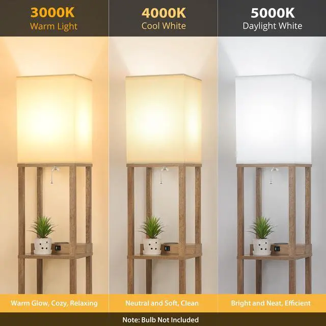 Alt view image 5 of 7 - Shelf Floor Lamp with Wireless Charger, USB, Type C, AC Port, Wood | Fast Charging USB Ports & Type C Port & 2 Power Outlets, 3 Tier Storage Shelf Lamp, E26 Base, 60W Max(Bulb Not Included)