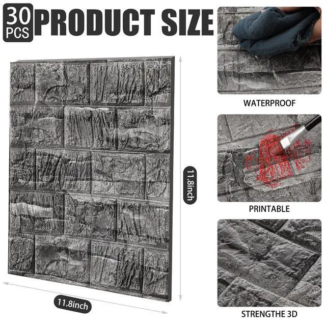 Alt view image 2 of 7 - 30 Pcs 28.8-48.4 Sq ft 3D Wall Panels Peel and Stick Foam Brick Wallpaper Printable Faux Rock Wall Covering Decorative Tiles Self Adhesive Waterproof (Grey Stone)