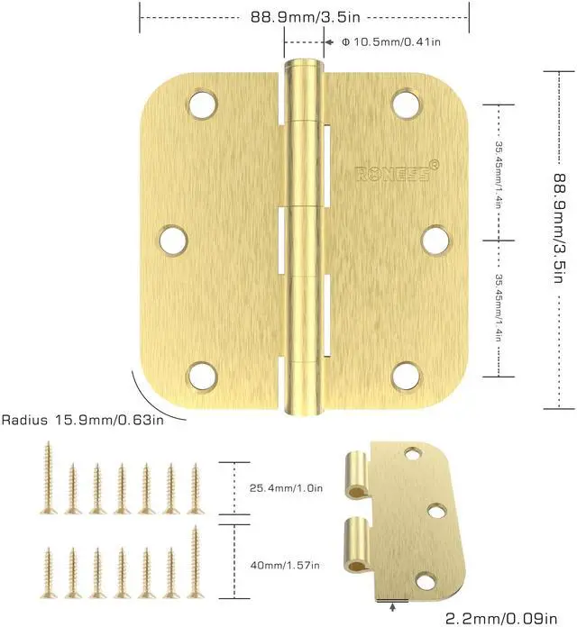 Alt view image 2 of 6 - 24 Pack Brushed Gold Door Hinges 3.5 Inch, 5/8" Radius Rounded, Standard Residential for Doors,Sturdy Hinges