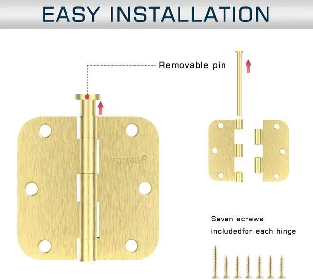 Alt view image 4 of 6 - 24 Pack Brushed Gold Door Hinges 3.5 Inch, 5/8" Radius Rounded, Standard Residential for Doors,Sturdy Hinges