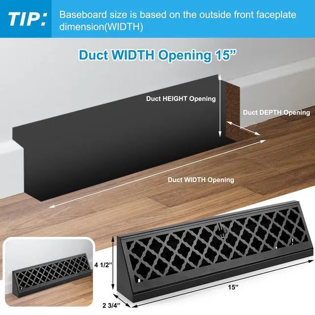 Alt view image 2 of 6 - 2 Pcs 15 Inch Baseboard Register Duct Opening Size Modern Design Vent Covers for Home Floor Wall Baseboard Air Covers Supply Floor Diffuser Including Screws (Black)
