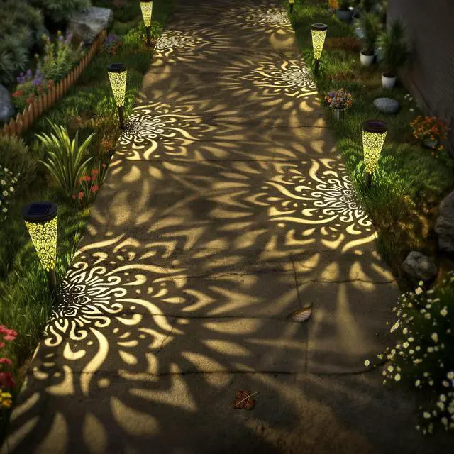 Alt view image 3 of 7 - 6 Pack Solar Lights Outdoor Garden Decorative Mandala Solar Garden Lights with Warm Light Waterproof Solar Pathway Landscape Lights for Path Patio Backyard Walkway Yard Lawn Decor (Black)