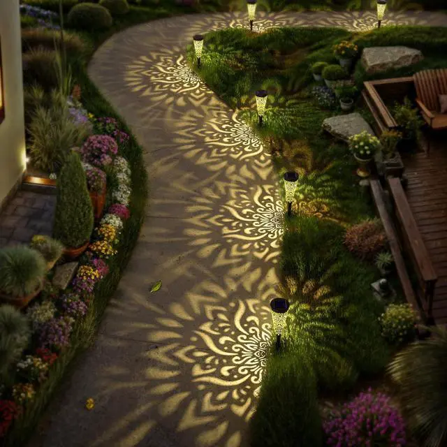 Alt view image 4 of 7 - 6 Pack Solar Lights Outdoor Garden Decorative Mandala Solar Garden Lights with Warm Light Waterproof Solar Pathway Landscape Lights for Path Patio Backyard Walkway Yard Lawn Decor (Black)
