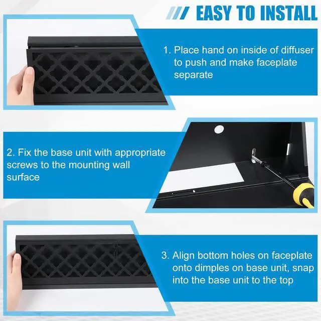 Alt view image 4 of 6 - 2 Pcs 15 Inch Baseboard Register Duct Opening Size Modern Design Vent Covers for Home Floor Wall Baseboard Air Covers Supply Floor Diffuser Including Screws (Black)