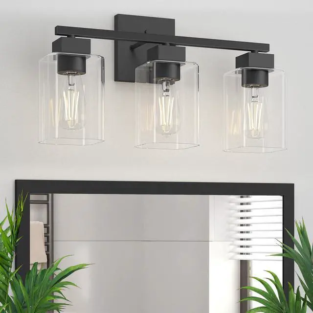 Main image of Matte Black Bathroom Vanity Light, 3-Light Vanity Lighting fixtures Over Mirror, Square Design & UL Certification, Wall Sconces with Clear Glass Shades, E26 Socket (Bulbs Not Included)