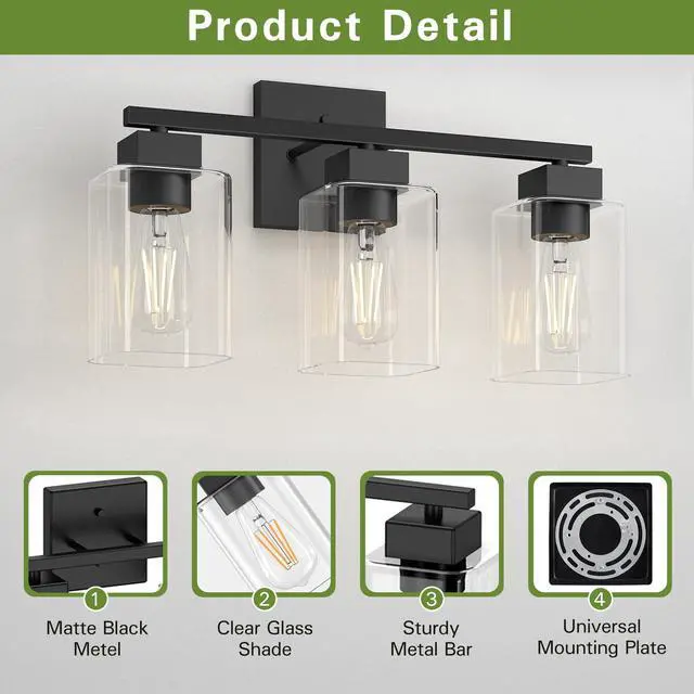 Alt view image 3 of 7 - Matte Black Bathroom Vanity Light, 3-Light Vanity Lighting fixtures Over Mirror, Square Design & UL Certification, Wall Sconces with Clear Glass Shades, E26 Socket (Bulbs Not Included)