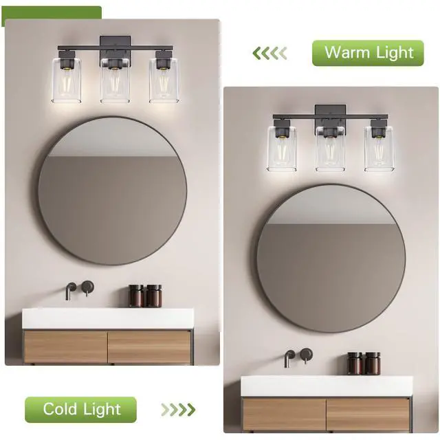 Alt view image 4 of 7 - Matte Black Bathroom Vanity Light, 3-Light Vanity Lighting fixtures Over Mirror, Square Design & UL Certification, Wall Sconces with Clear Glass Shades, E26 Socket (Bulbs Not Included)